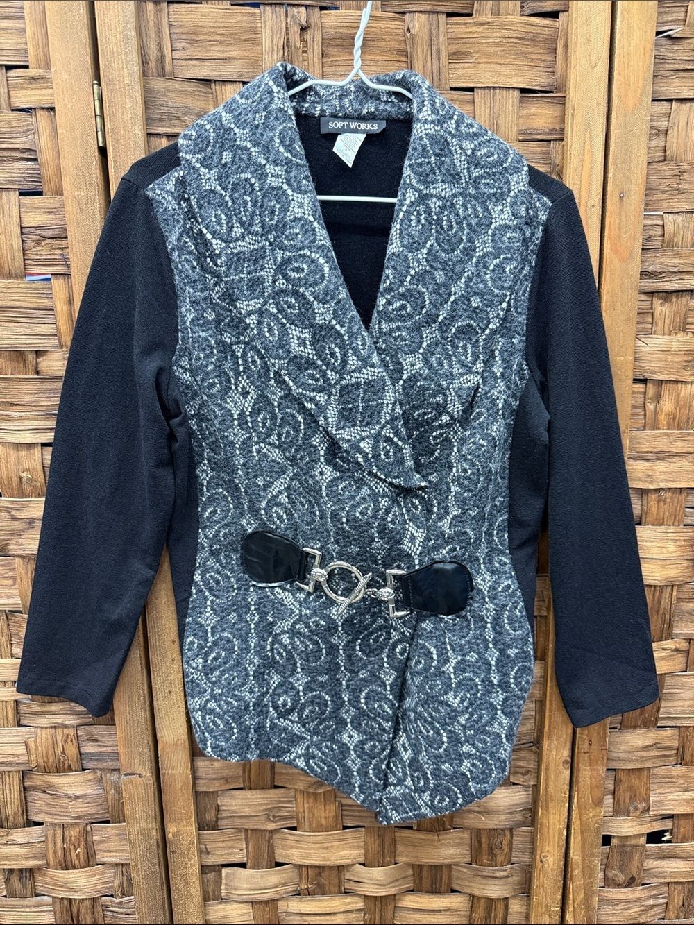 Soft Works Women's Black & Gray Patterned Belted Shawl-Collar Jacket